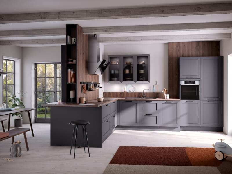 PKC-0073-Simple L-kitchen cabinet in graphite with old oak cognac-Parlun
