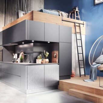 PKC-0080-Unique L-shaped kitchen cabinet in brushed light metallic and graphite-Parlun (2)