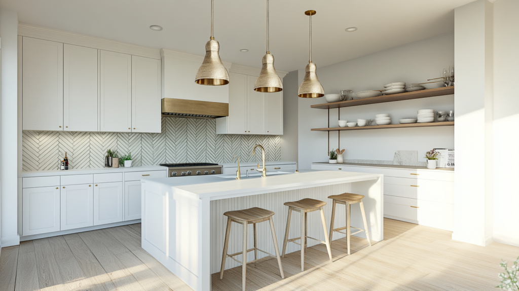 White and Gold Kitchen Ideas for a Warm Luxury Look White Kitchen cabinets with wooden shelves and gold lighting