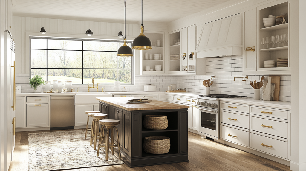 White and Gold Kitchen Ideas for a Warm Luxury Look White farmhouse style kitchen cabinets with matte black and gold pendant lights.