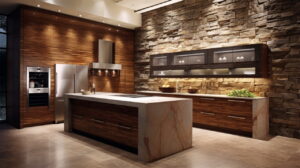 Stone Veneer Luxury kitchen Cabinet with Waterfall Island