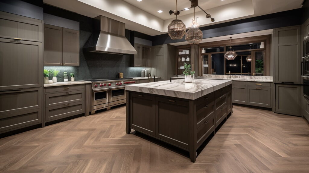 Luxury kitchen with herringbone wood flooring