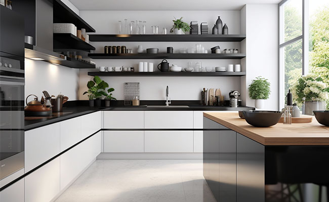 black shelves in white kitchen cabinets