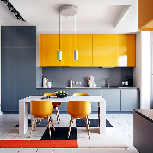 light grey and yellow kitchen cabinets