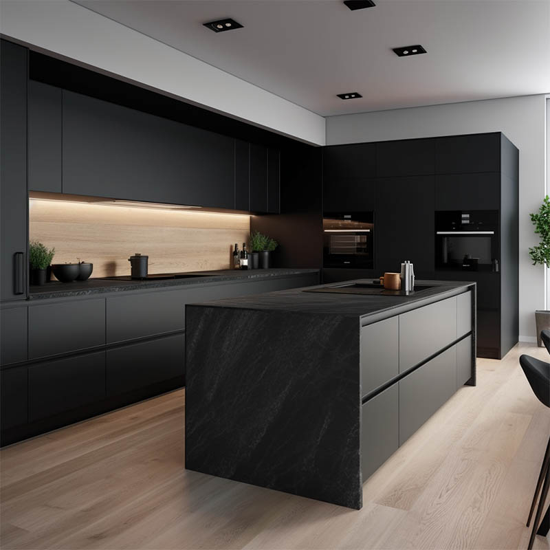 matte black handleless kitchen cabinets