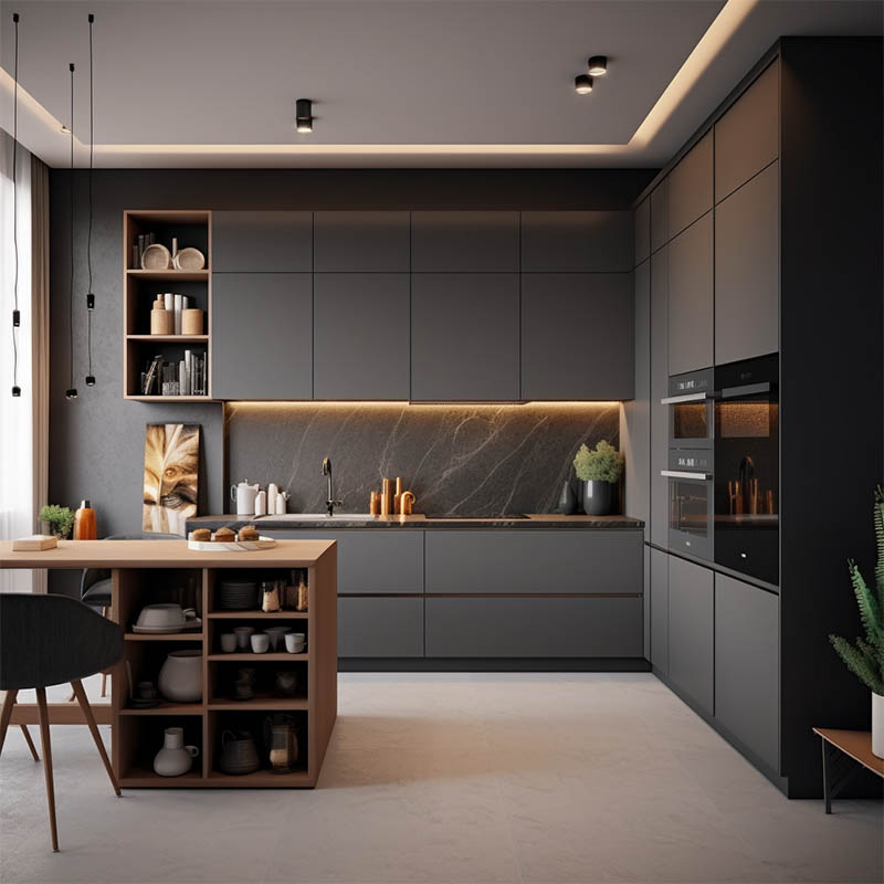 modern dark grey kitchen cabinets with wooden island