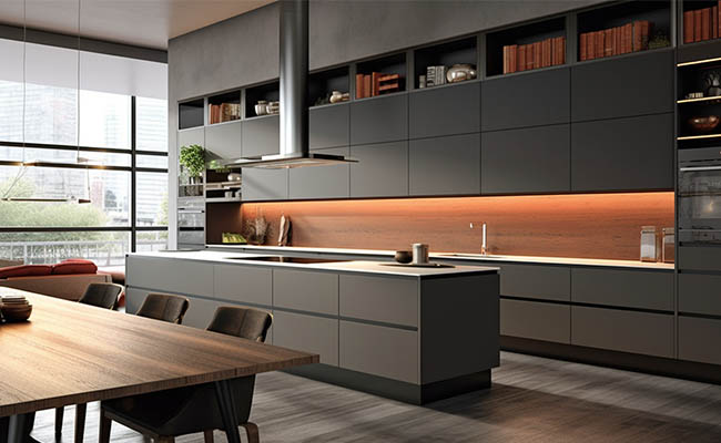 modern grey kitchen cabinets combine with wood
