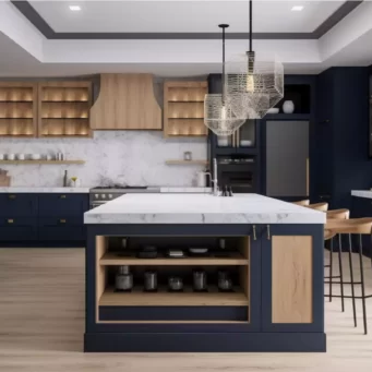 Maritime Oak Harmony: Navy Blue Kitchen with Oak Cabinets - Parlun