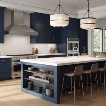 Maritime Oak Harmony: Navy Blue Kitchen with Oak Cabinets - Parlun