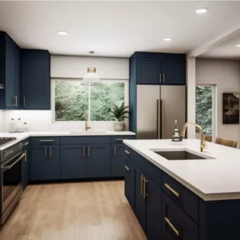 Maritime Oak Harmony: Navy Blue Kitchen with Oak Cabinets - Parlun