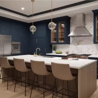Maritime Oak Harmony: Navy Blue Kitchen with Oak Cabinets - Parlun