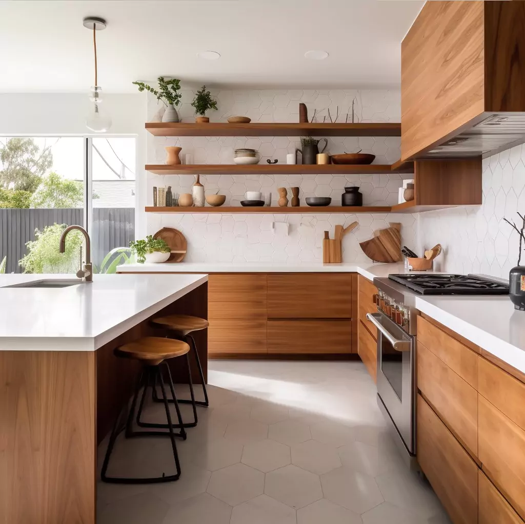 Pale Green Kitchen Cabinets with Wood Breakfast Nook and White Geometry Backsplash Pale Green Kitchen Cabinets with Wood Breakfast Nook and White Geometry Backsplash
