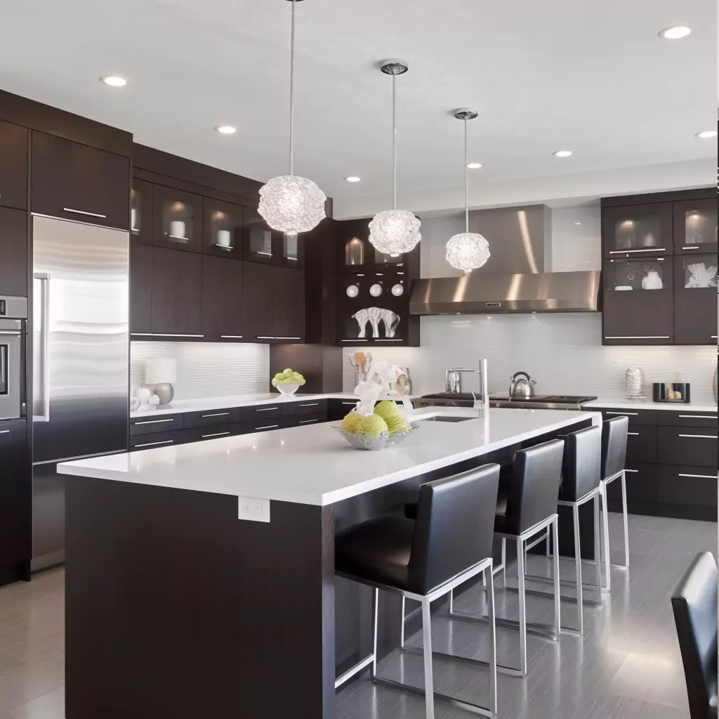 Contemporary Kitchen with Utensil Drawers and White Backsplash