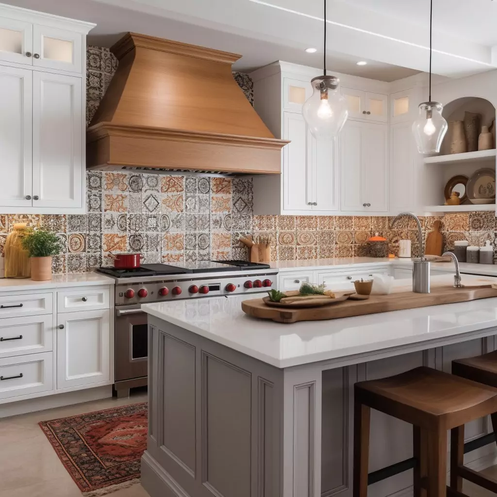Transitional Kitchen with Wood Range Hood and Large Island