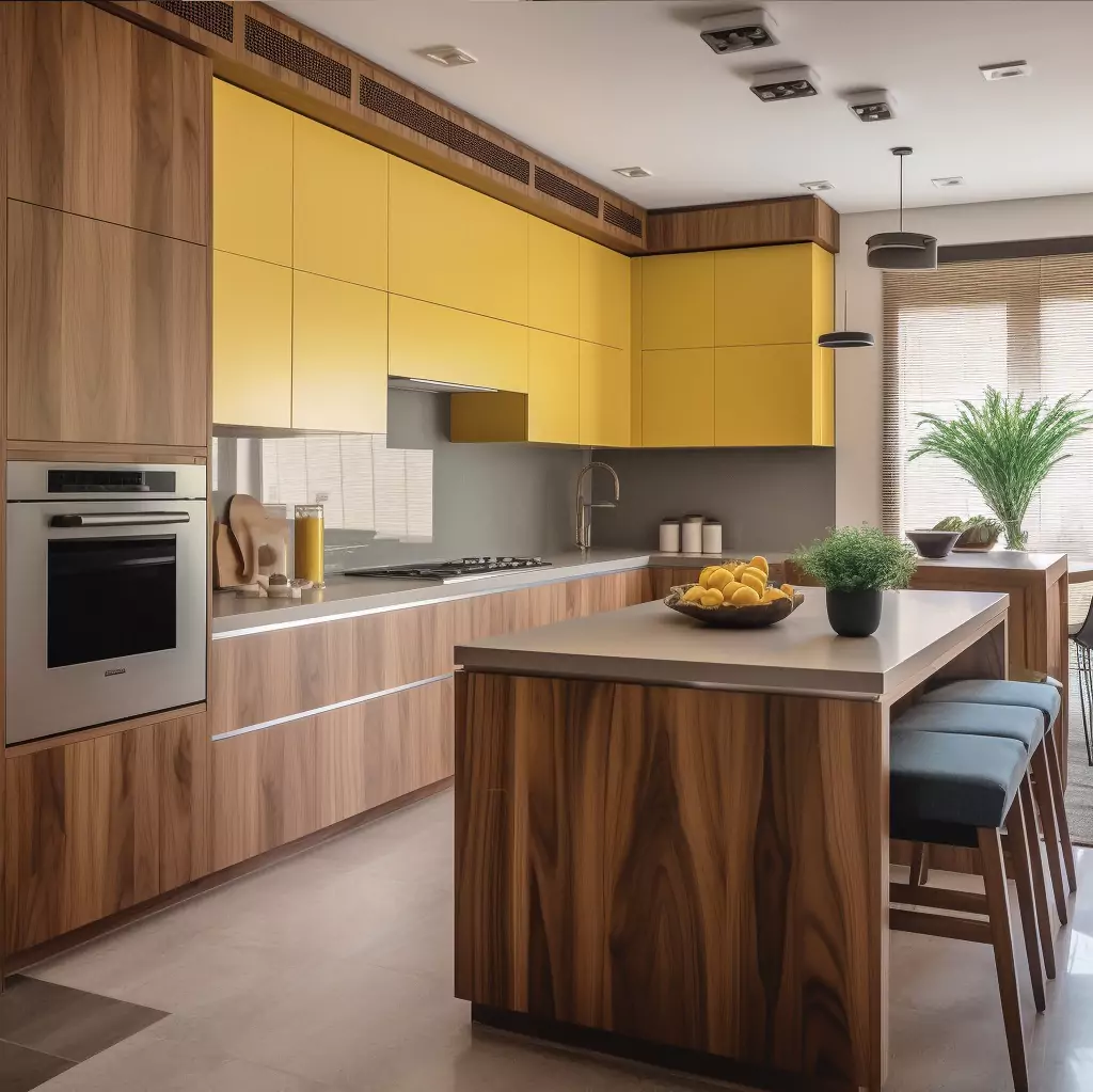 A Sleek & Novel Kitchen with Yellow and Wood Flat-Panel Cabinets A Sleek & Novel Kitchen with Yellow and Wood Flat-Panel Cabinets