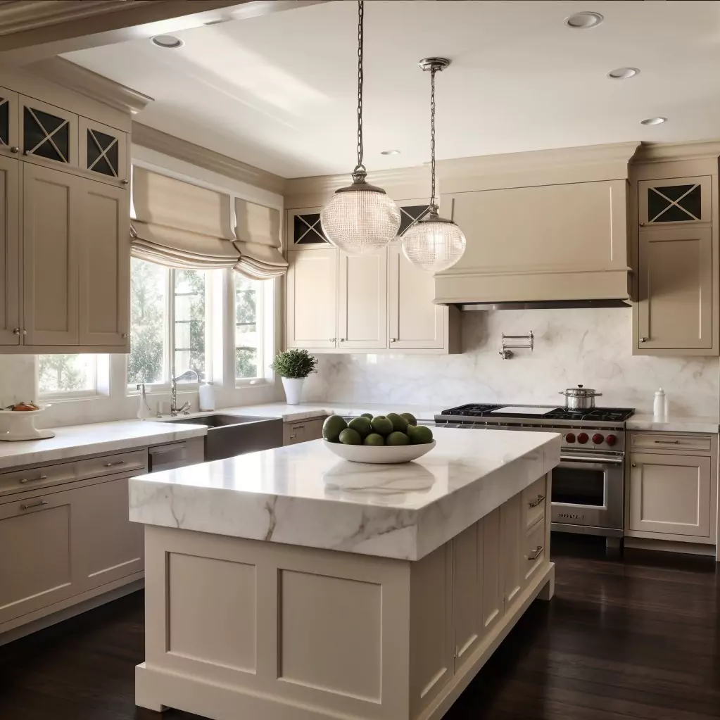 Midcentury Modern Kitchen with Beige Cabinets and White Marble Backsplash Midcentury Modern Kitchen with Beige Cabinets and White Marble Backsplash