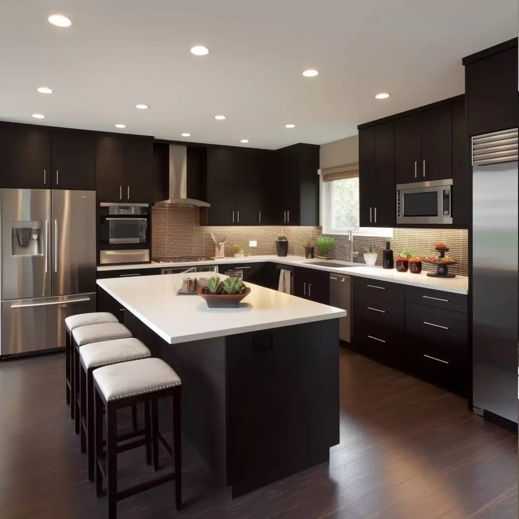 Espresso Flat Panel Kitchen Cabinets with White Countertop and Black Counter stools