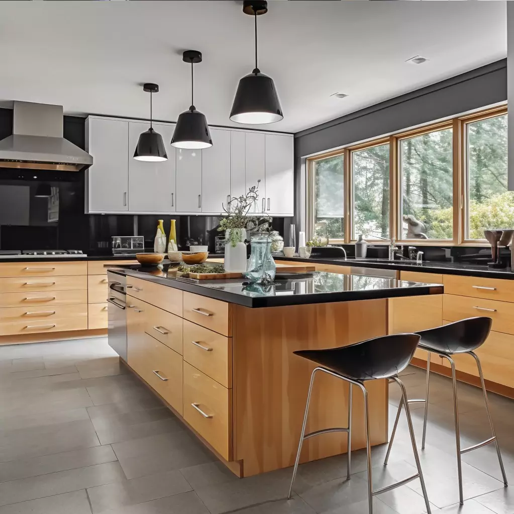 Mid-Century Modern Kitchen with Black Granite Countertop and Light-Toned Cabinets Mid-Century Modern Kitchen with Black Granite Countertop and Light-Toned Cabinets