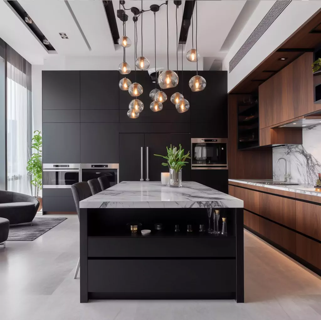 Midcentury Kitchen with White Marble Island and Exquisite Pendant Lighting Midcentury Kitchen with White Marble Island and Exquisite Pendant Lighting