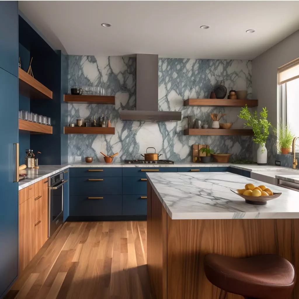 Marble Kitcen Backsplash with Blue Cabinets and Wood Details Marble Kitcen Backsplash with Blue Cabinets and Wood Details
