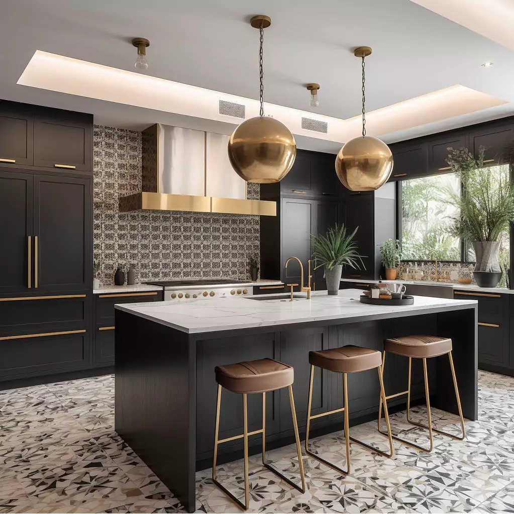 Contemporary Spanish Style Kitchen with Brass Pendant Lights and Exquisite Counter stools