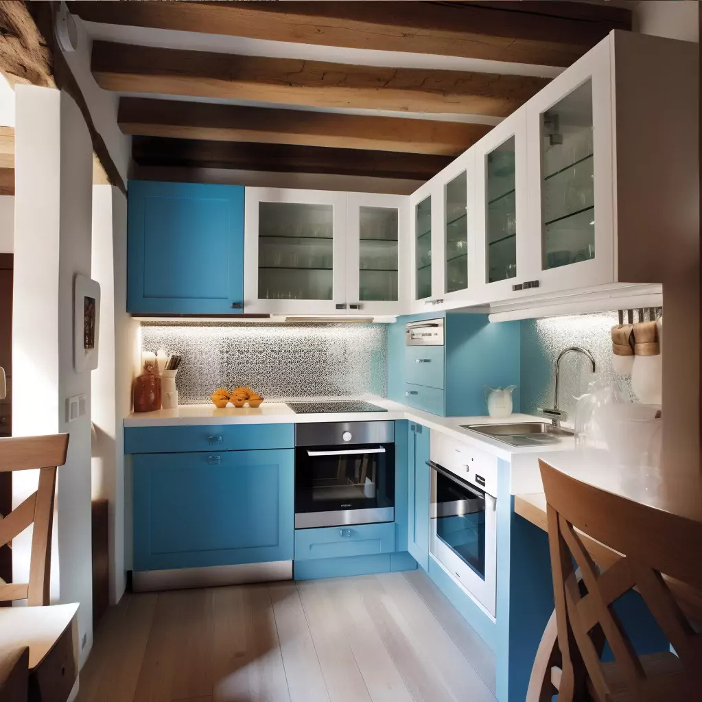 Midcentury Modern Kitchen with Blue Glass-Front Cabinet and Wood Beam Design Midcentury Modern Kitchen with Blue Glass-Front Cabinet and Wood Beam Design