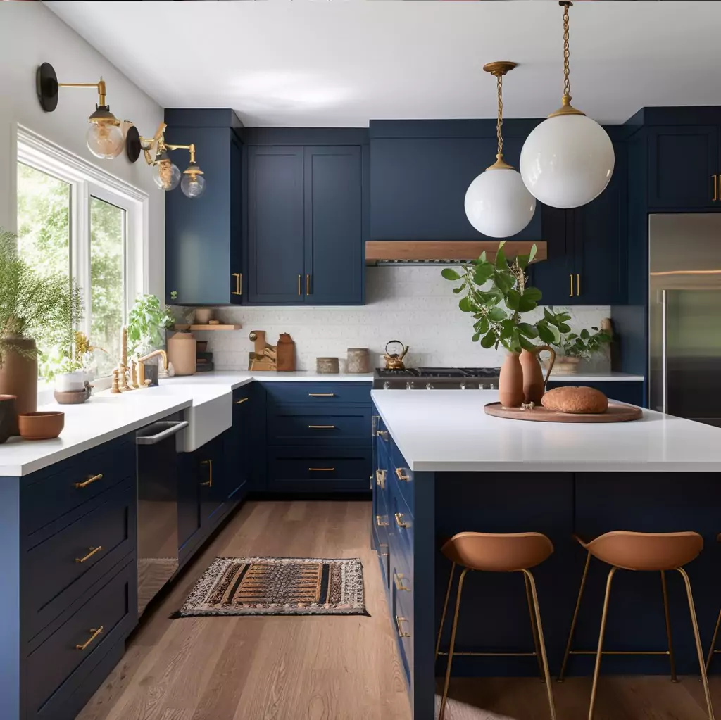 Mid Century Modern Kitchen with Walnut Cabinets and Deep Blue Cabinets Mid Century Modern Kitchen with Walnut Cabinets and Deep Blue Cabinets
