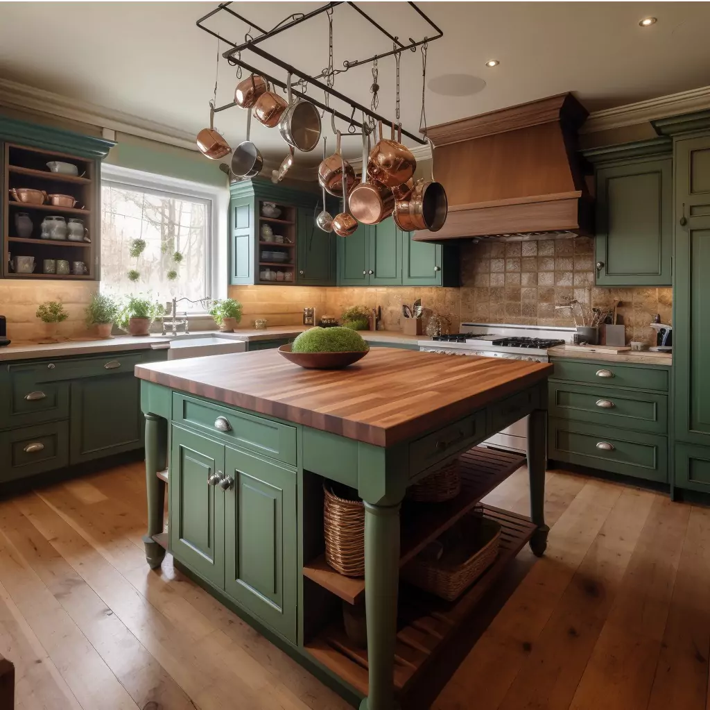 Natural Atmosphere with Green Cabinets and Dark Wood Flooring Natural Atmosphere with Green Cabinets and Dark Wood Flooring