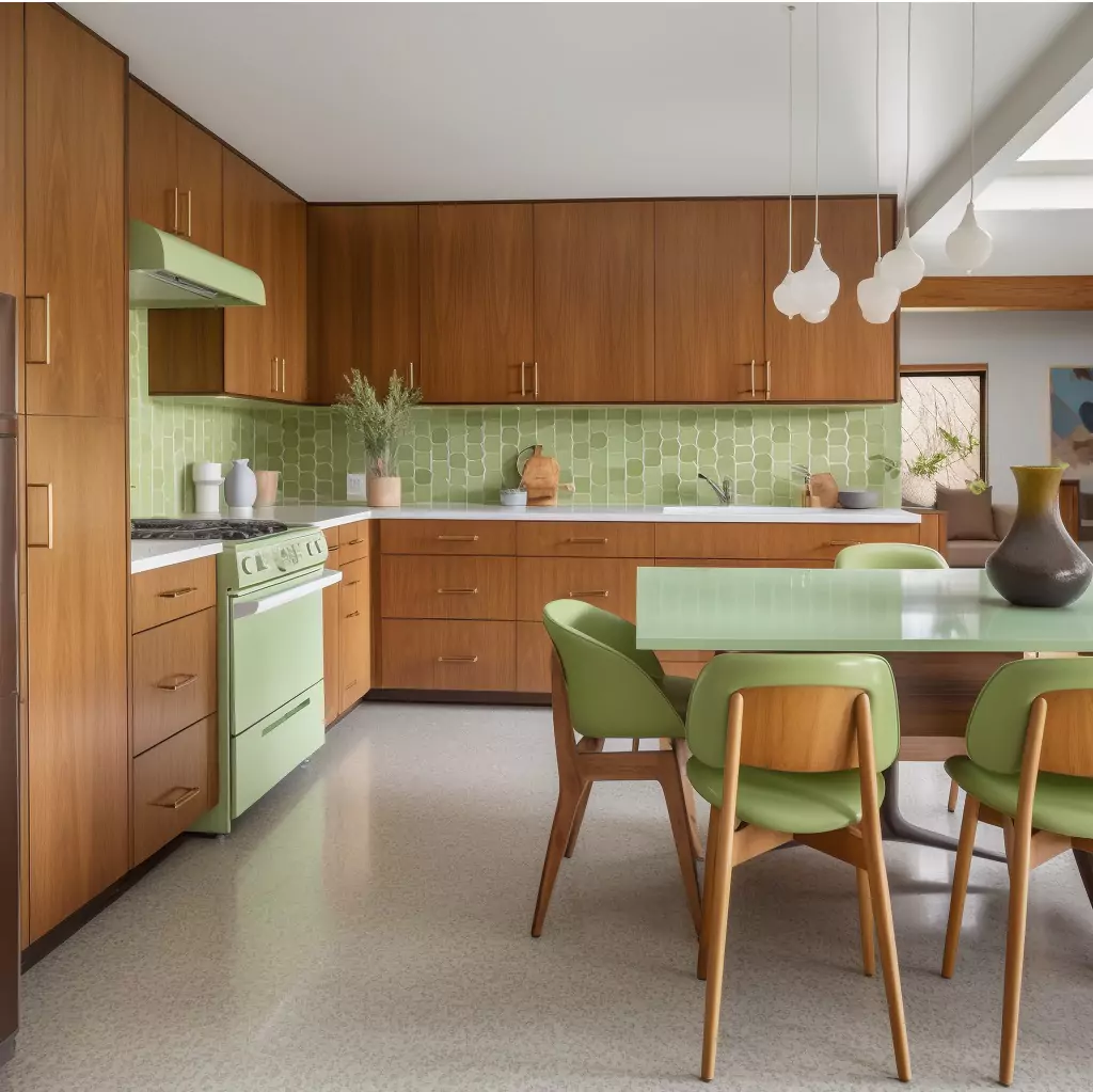 Campground Green Upper Kitchen Cabinets with Large Center Island and Medium Color Flat-Panel Lower Drawers Campground Green Upper Kitchen Cabinets with Large Center Island and Medium Color Flat-Panel Lower Drawers