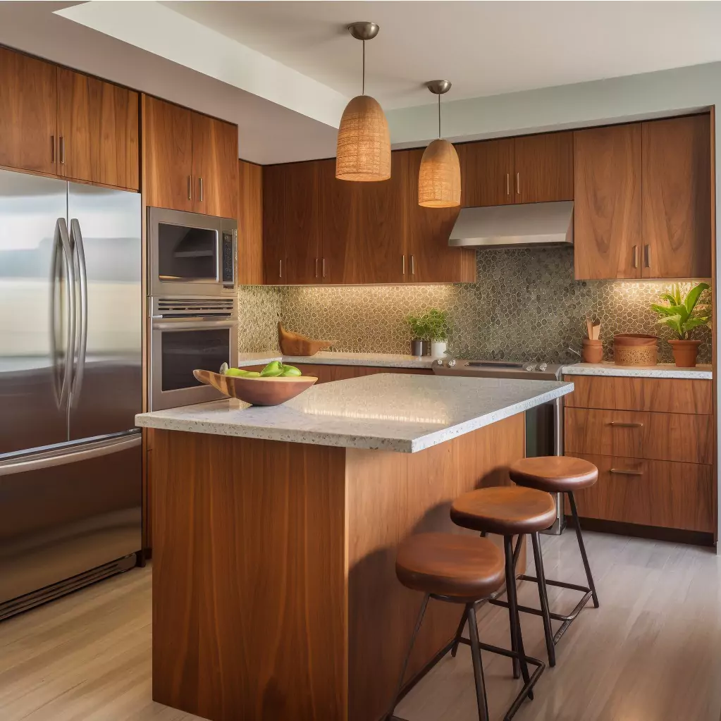 Midcentury Modern Kitchen with Wood Flat-Panel Cabinets and Stainless Steel Refrigerator
