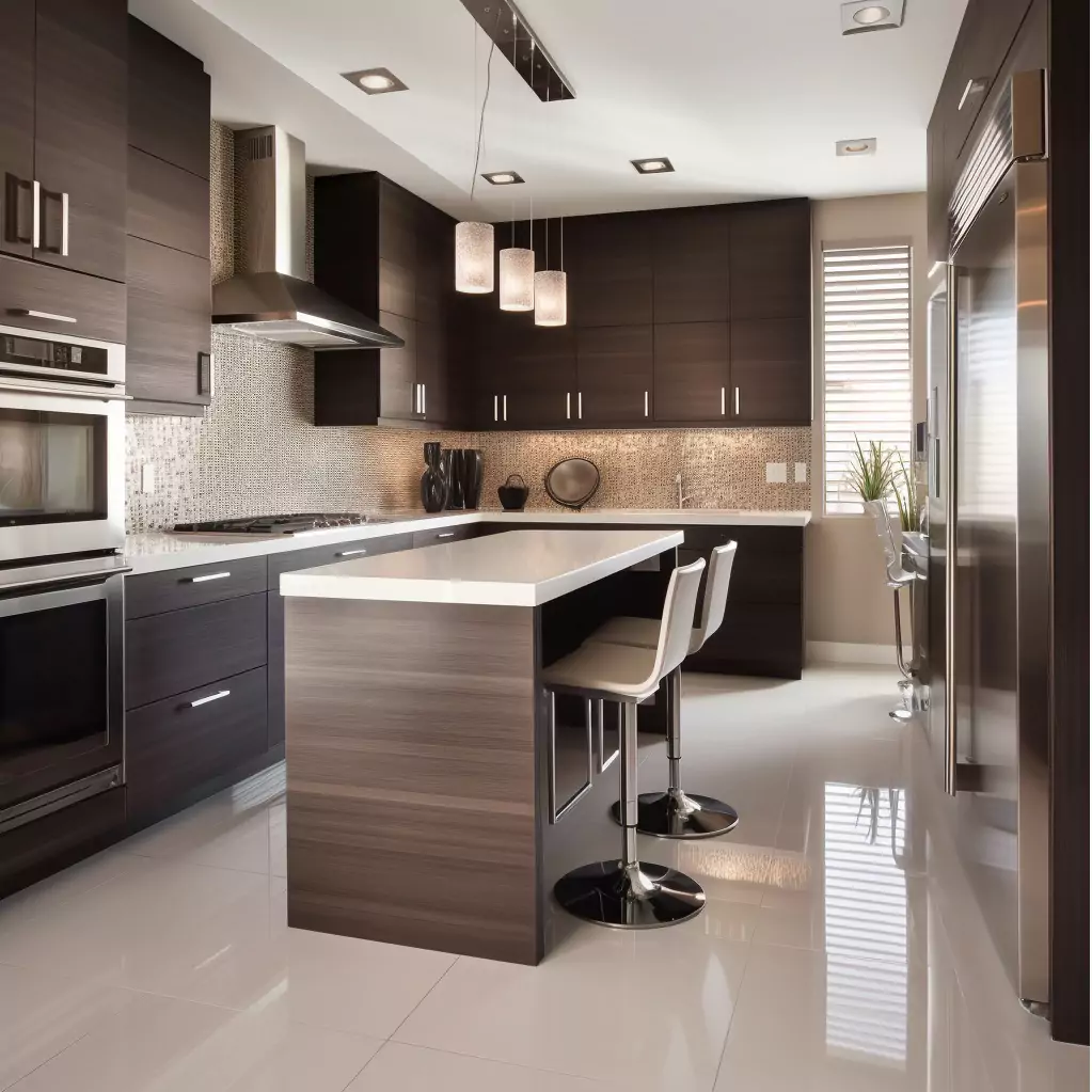 Contemporary Kitchen with Espresso Flat-Panel Cabinets and Exquisite Pendant Lighting
