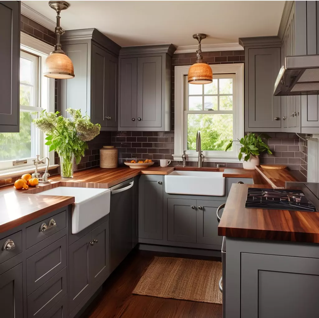 Midcentury Kitchen with Gray Shaker Cabinets and White Hexagonal Tile Flooring Midcentury Kitchen with Gray Shaker Cabinets and White Hexagonal Tile Flooring