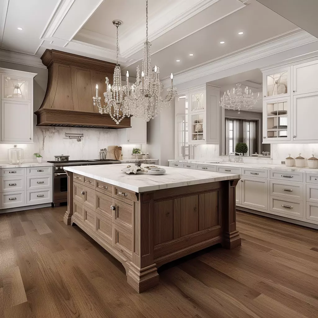A Warm Kitchen with Wood Island and Glossy White Flat-Panel Cabinets