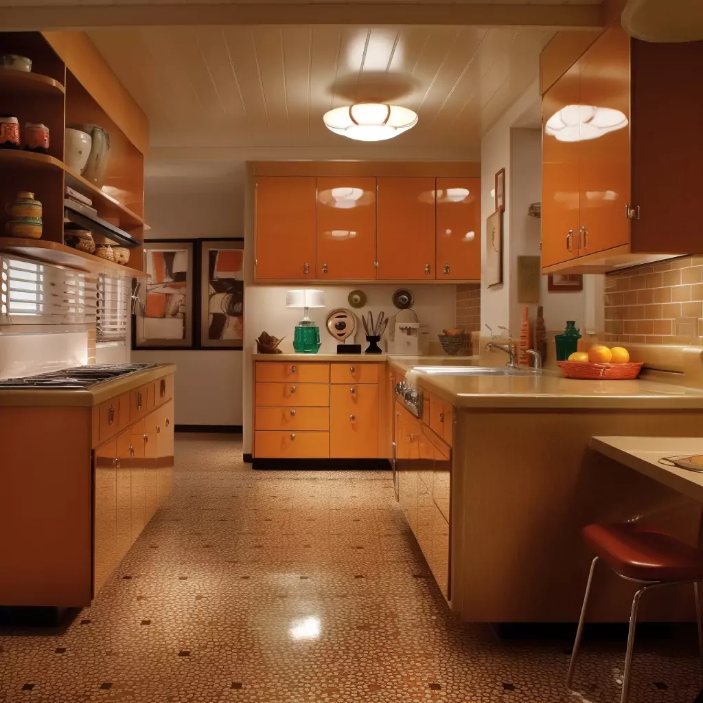 Vintage & Trendy Kitchen with Glossy Wood Cabinets and Ceramic Tile Floor Vintage & Trendy Kitchen with Glossy Wood Cabinets and Ceramic Tile Floor