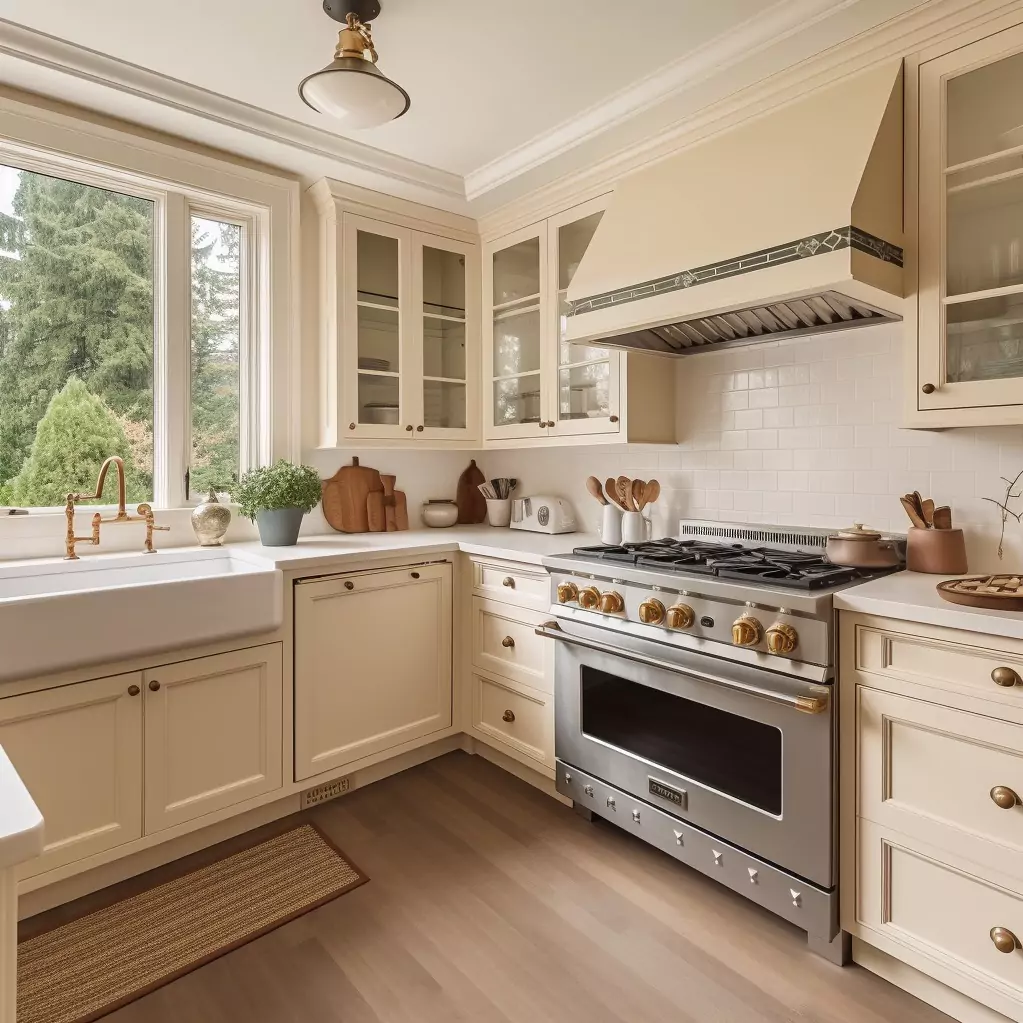 Bright Midcentury Kitchen with Cream Cabinets and Trendy Gas Stove Bright Midcentury Kitchen with Cream Cabinets and Trendy Gas Stove