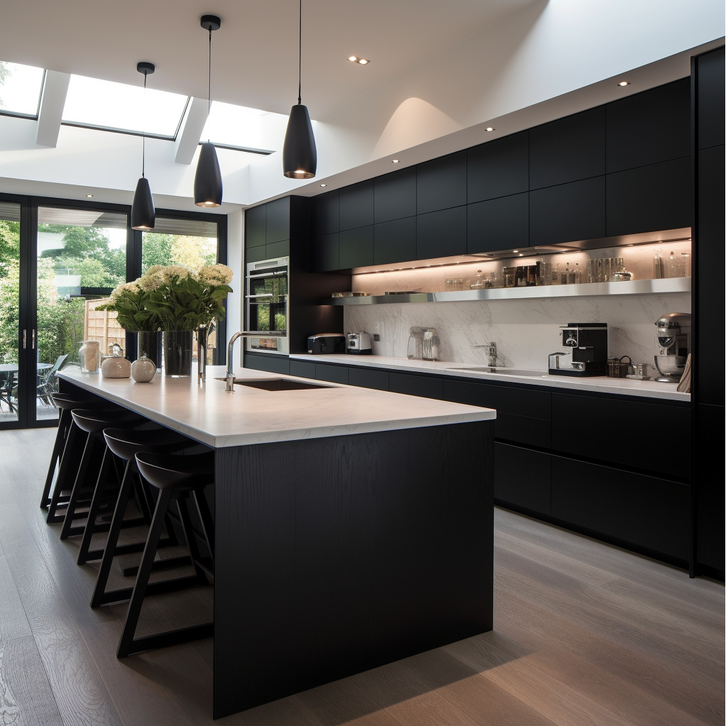 Black Wood Kitchen Cabinets Complement White Stone Countertops