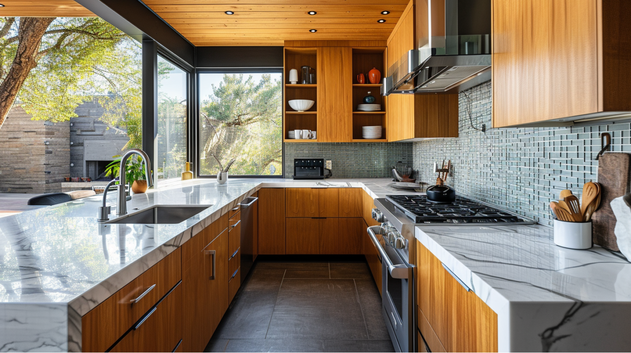 Honey-like Wood Kitchen Cabinets In A Captivating Setting