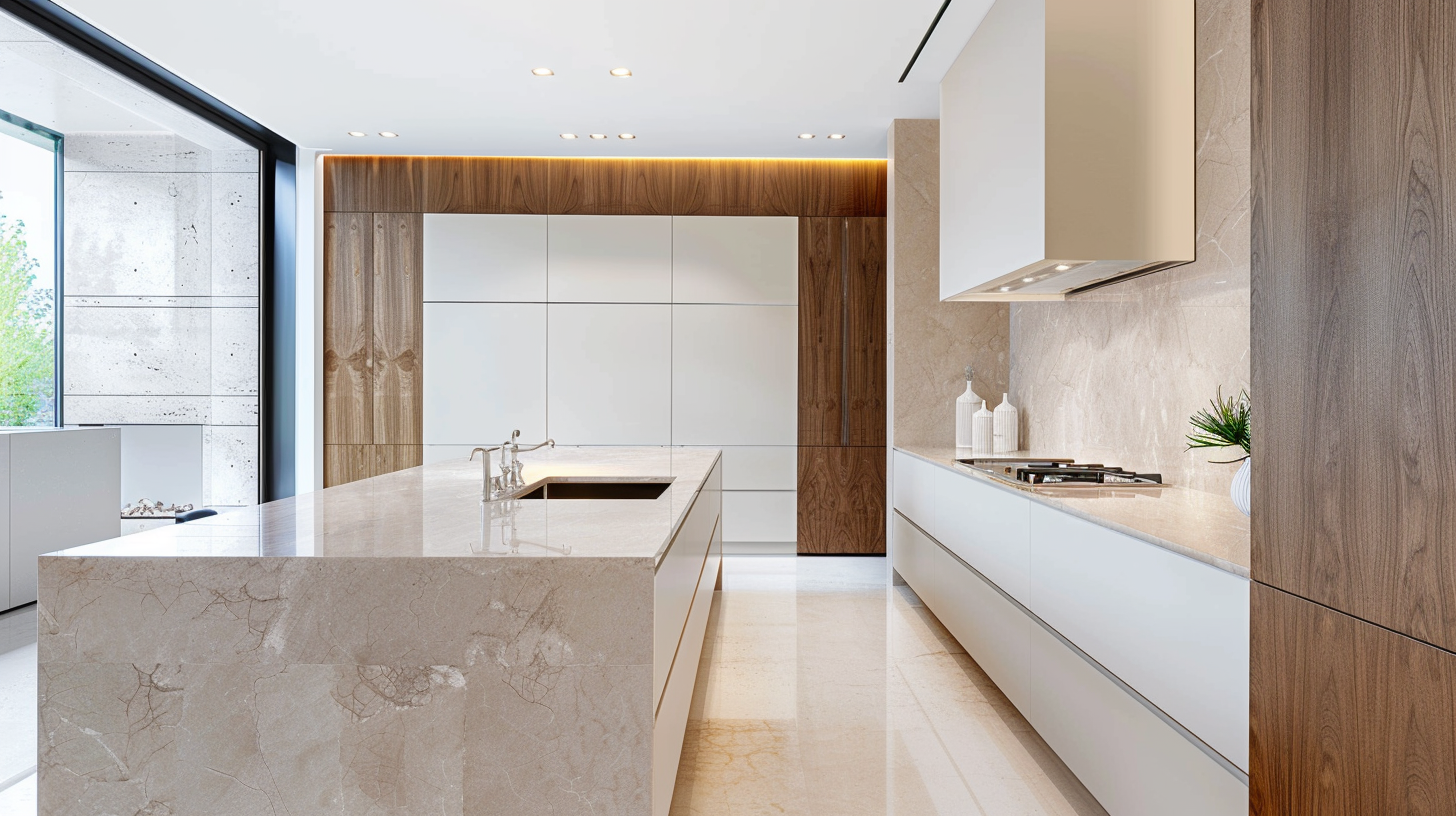 Modern Minimalist Kitchen with Caesarstone Countertops and Backsplash