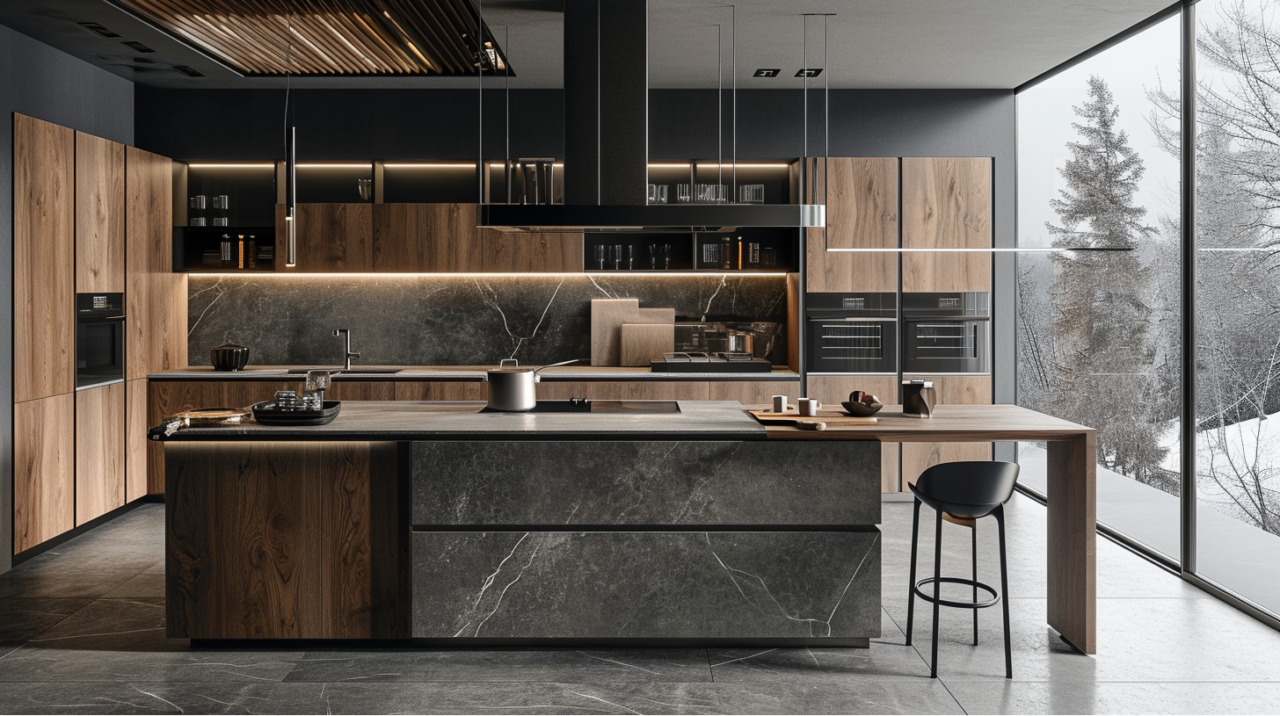 Natural Wood Kitchen Cabinets With Stone Accents