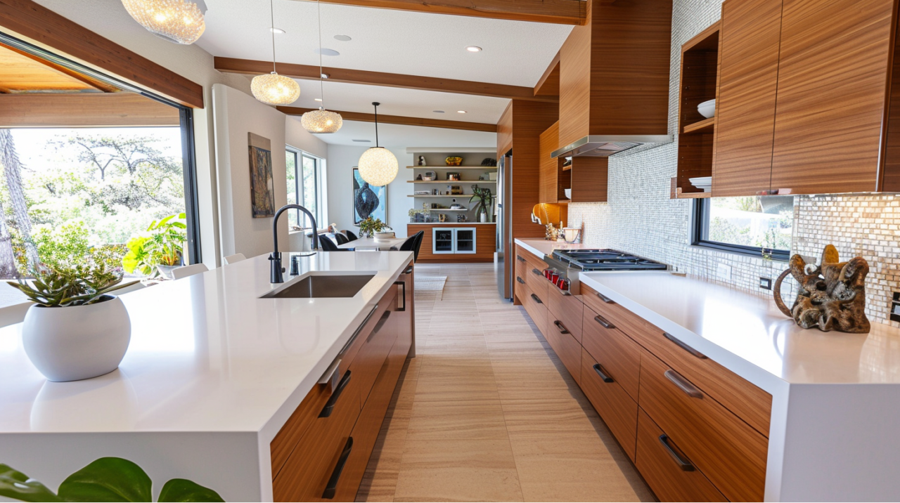 Get the perfect harmony between crisp white quartz countertops and wood kitchen cabinets boasting beautiful horizontal wood grain. Decorated with delicate pulls, the cabinets make a bold statement, showcasing the unique natural beauty of wood. The shining mosaic tile backsplash not only enriches the texture of the kitchen but also seamlessly matches both the cabinets and countertops. The light wood-colored tile floor serves as the canvas for this stylish galley, creating a kitchen that beautifully blends modern elegance with the warmth of natural materials.