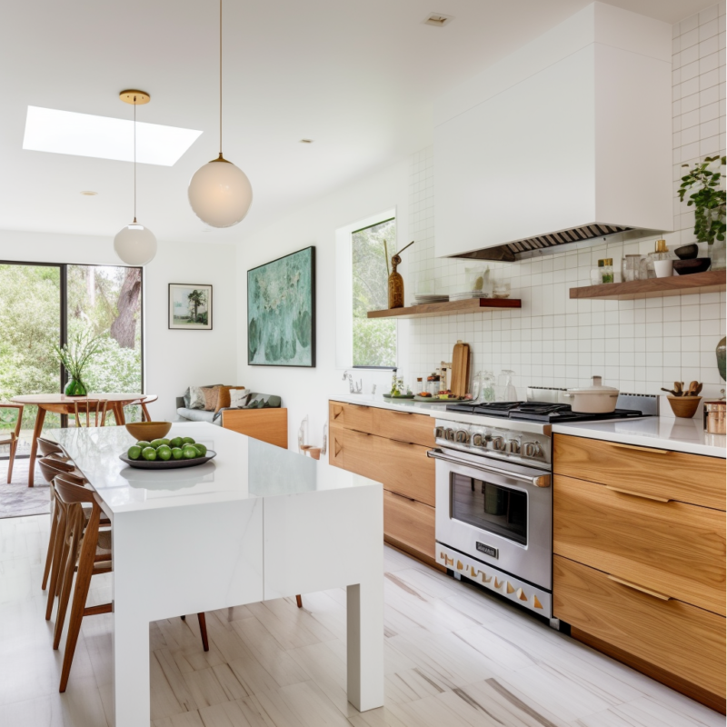 Wooden Flat-panel Kitchen Cabinets In A White Kitchen - Parlun