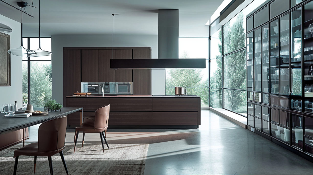 Brown Slab Cabinetry In A Modern Kitchen