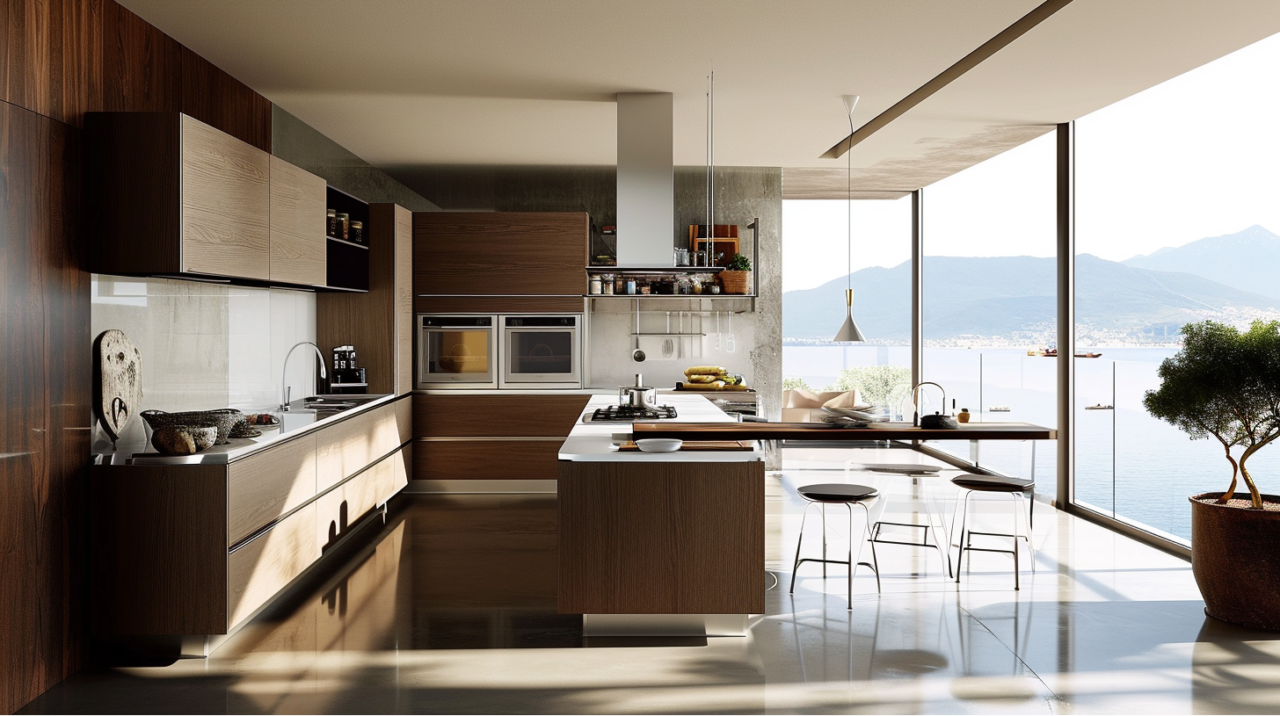 Lakeside Tranquility And Modern Brown Kitchen Cabinets