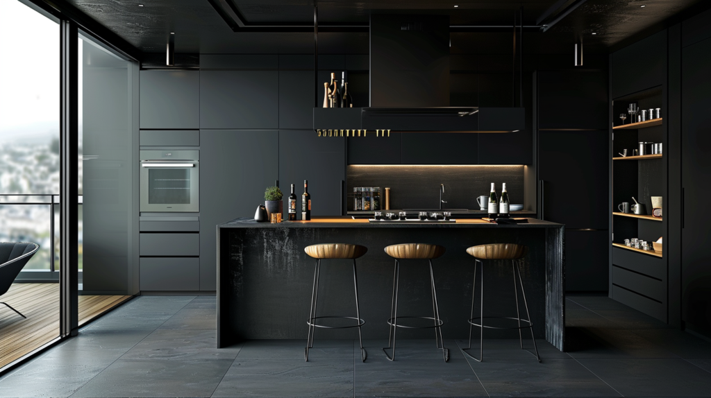 A dark green modern slab kitchen with refrigerators, dishwashers, and ovens that disappear into the cabinetry