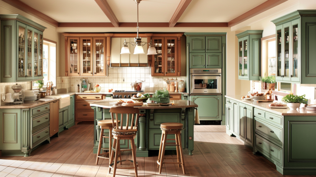 Antique round table in the sage green kitchen is vintage and sophisticated