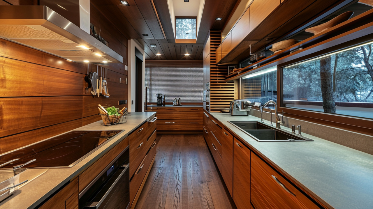 Natural Wood Kitchen Cabinets In A Galley