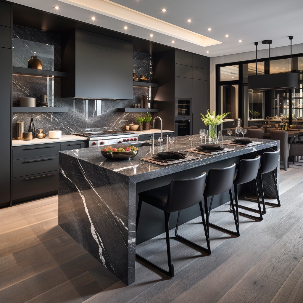 Pair Striking Veined Stone Accents With Matte Black Kitchen Cabinets