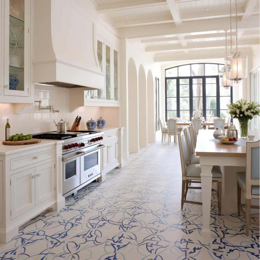 Pair White Kitchen Cabinets With Blue Patterned Flooring