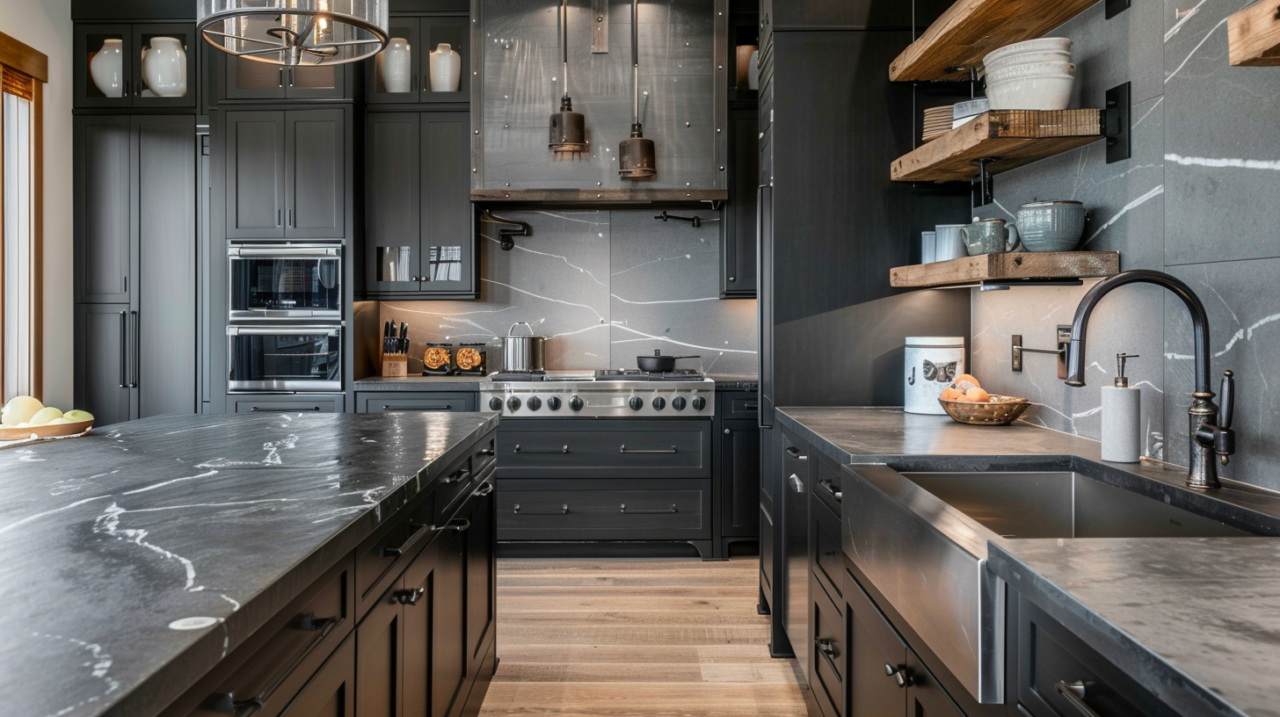 14+ black kitchen cabinets with gray countertop Design ideas