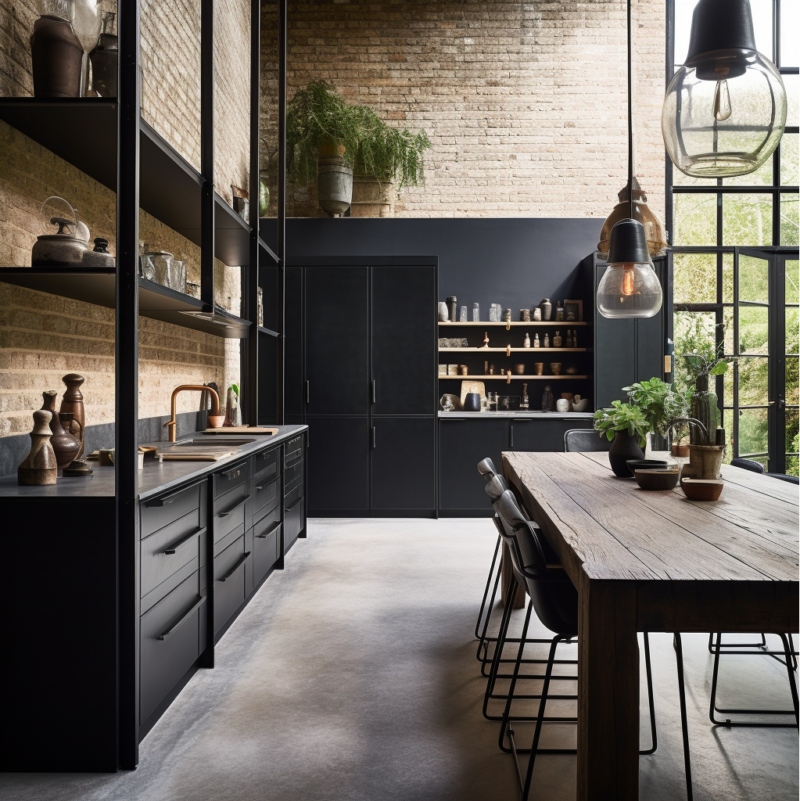 Modern Black Kitchen Cabinets Pair With Exposed Brick Backsplash - Parlun